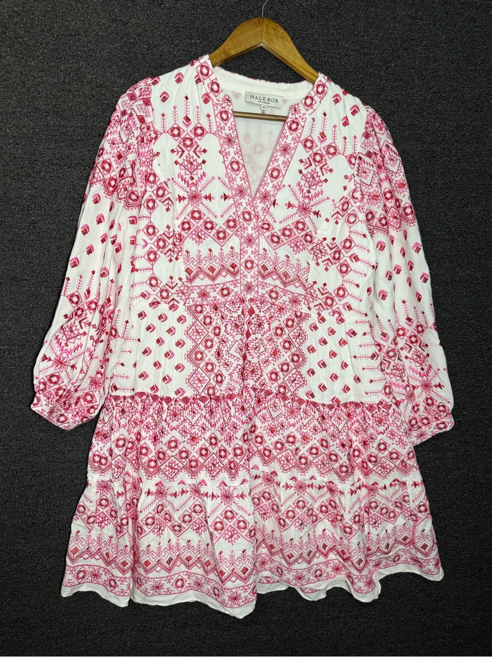 Hale Bob Dress with White and Pink Geometric Embroidery, medium